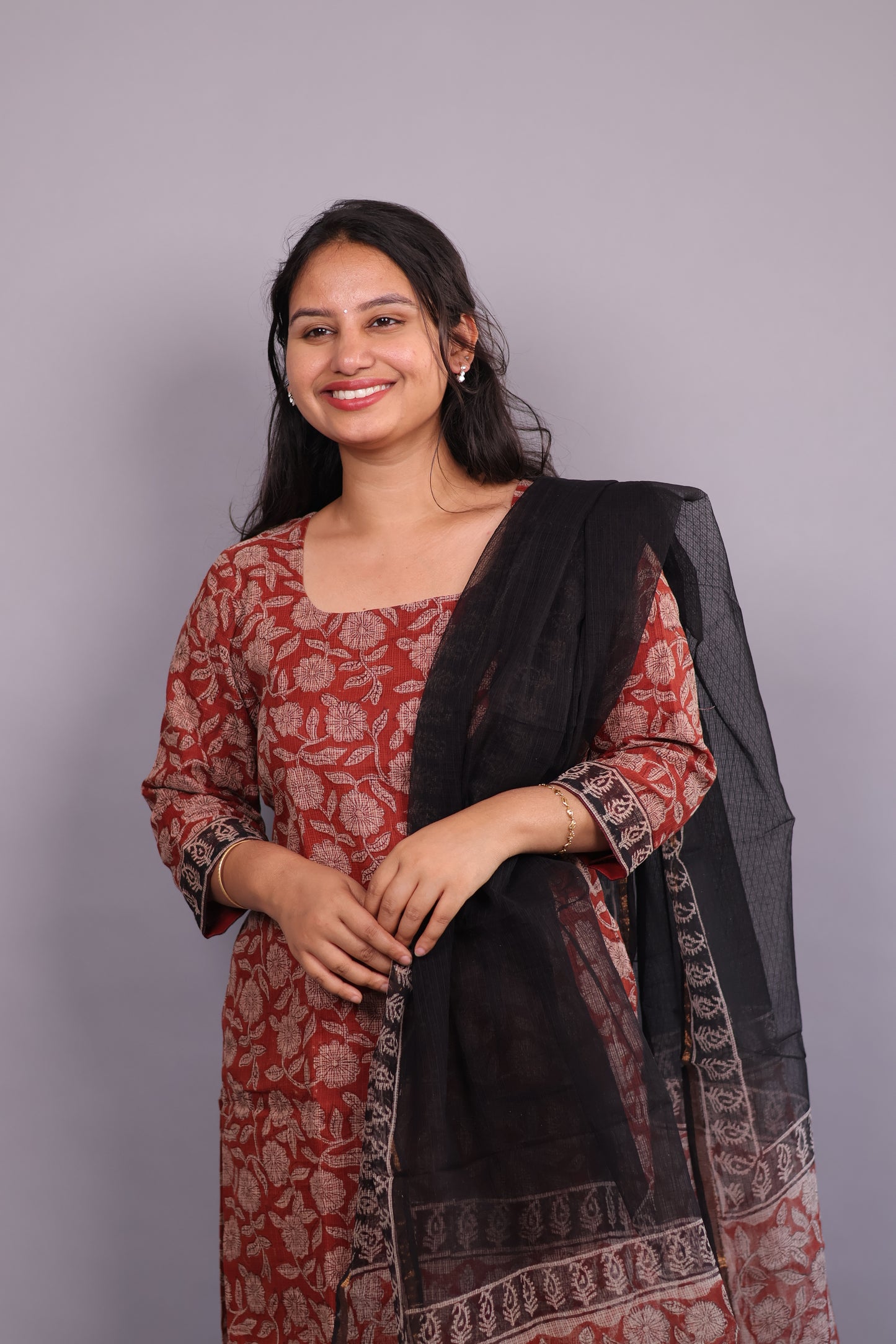 Rust Maroon Handblock printed kota 3 piece suit (stitched)