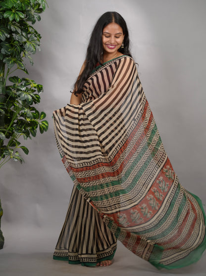 Stripes Chiffon Hand Block Printed Saree | Looms & Tassels