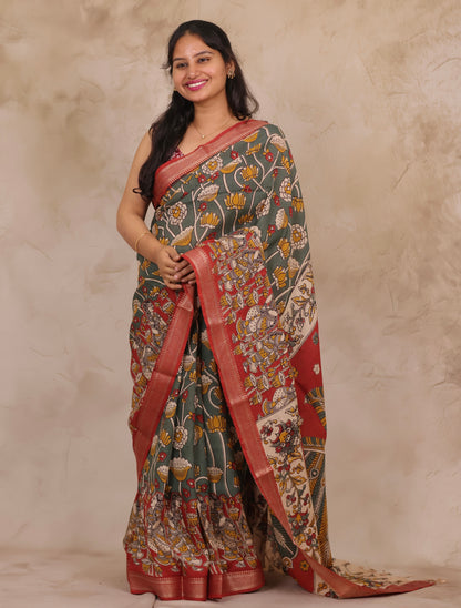Gray Kalamkari Nizam Border Chennur Silk Saree | Looms & Tassels