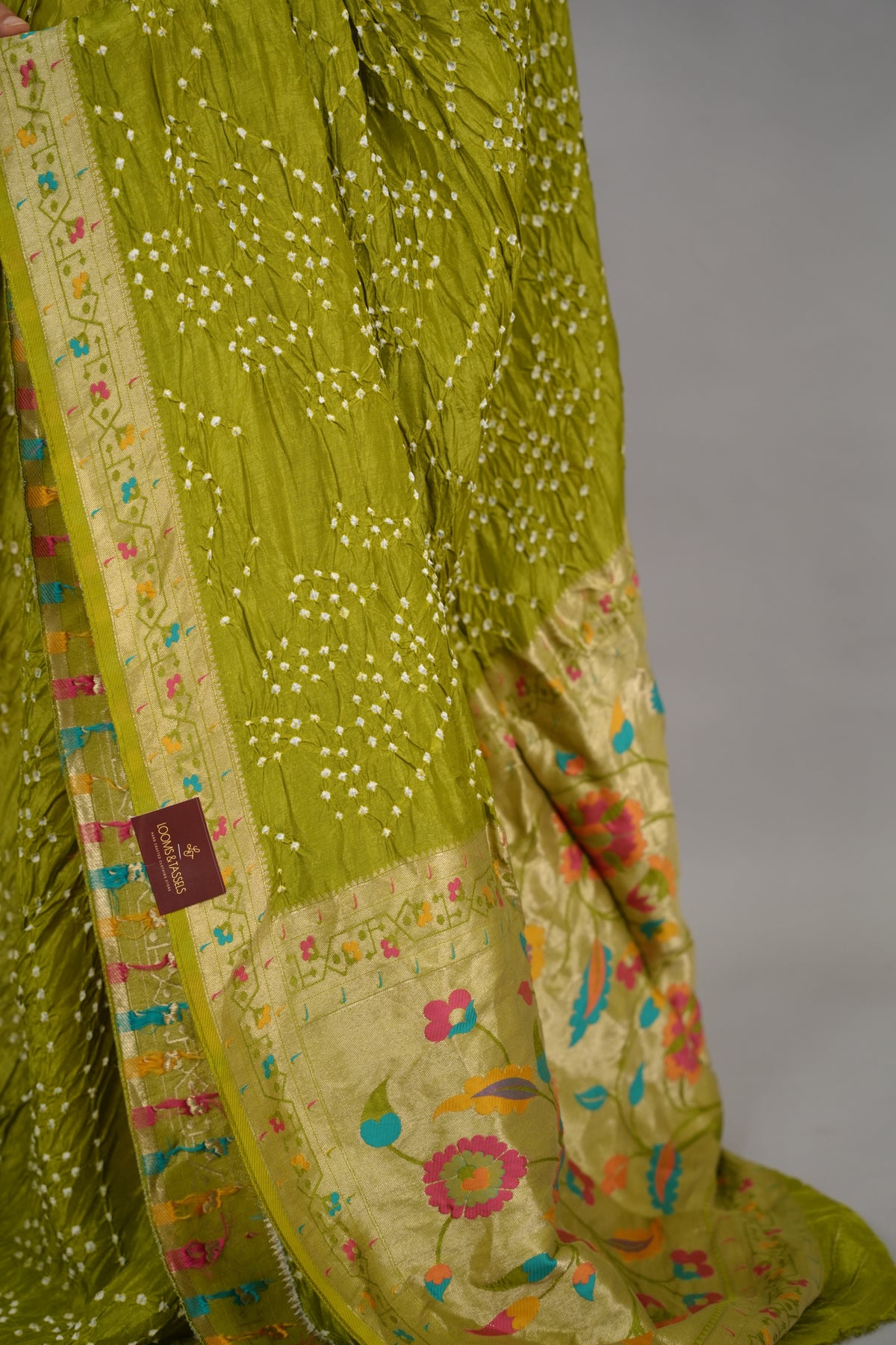 Olive Green Handcrafted Pattern Bandhani Paithani Dola Silk Saree | Looms & Tassels