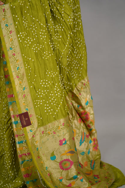 Olive Green Handcrafted Pattern Bandhani Paithani Dola Silk Saree | Looms & Tassels