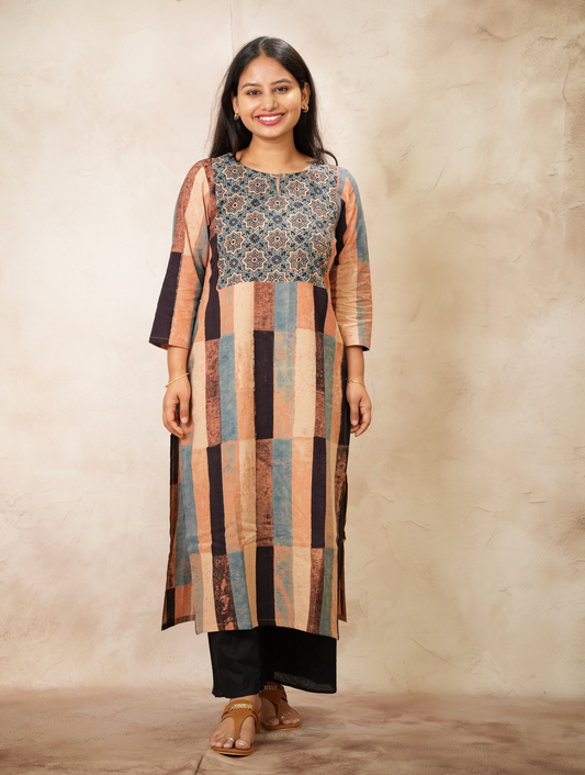 Contemporary Ajrakh Pattern Hand Block printed Kurti | Looms & Tassels