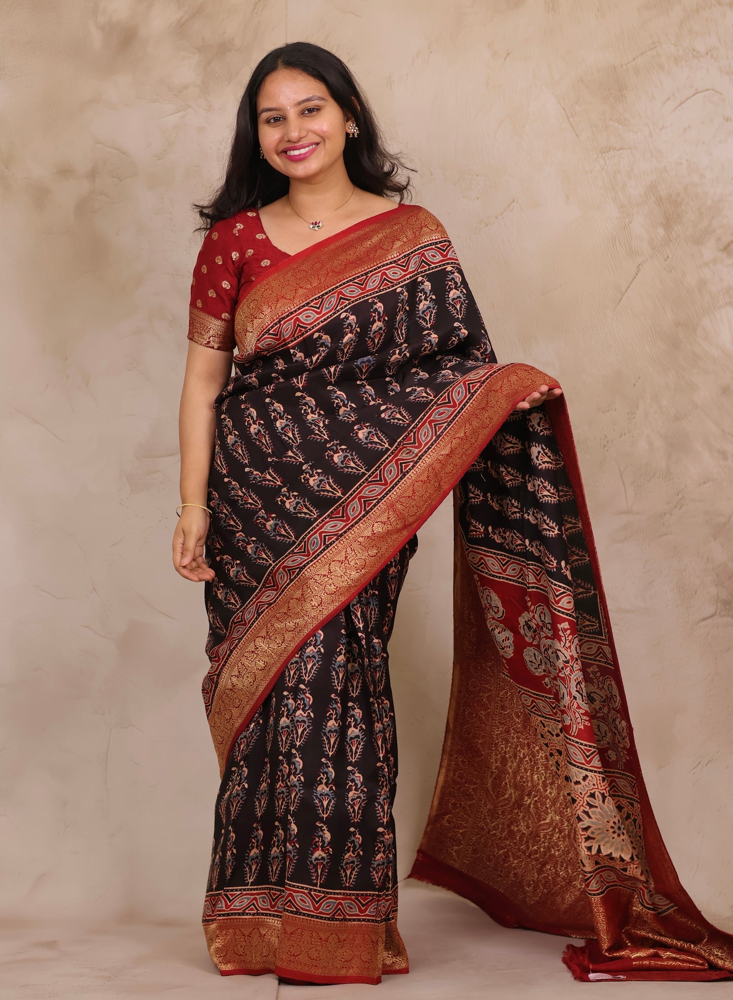 Black Ajrakh Handblock printed Dola Silk Saree | Looms & Tassels