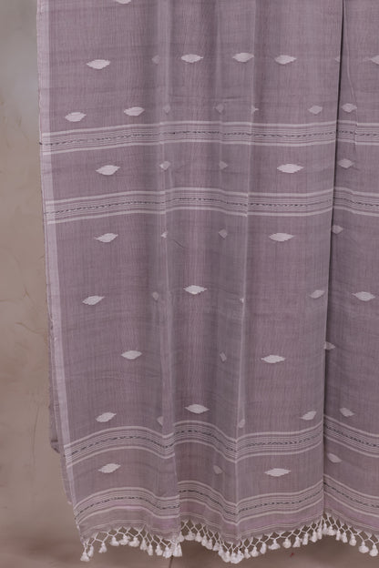 Grey Malai Cotton Saree with Butta Weaving | Looms & Tassels