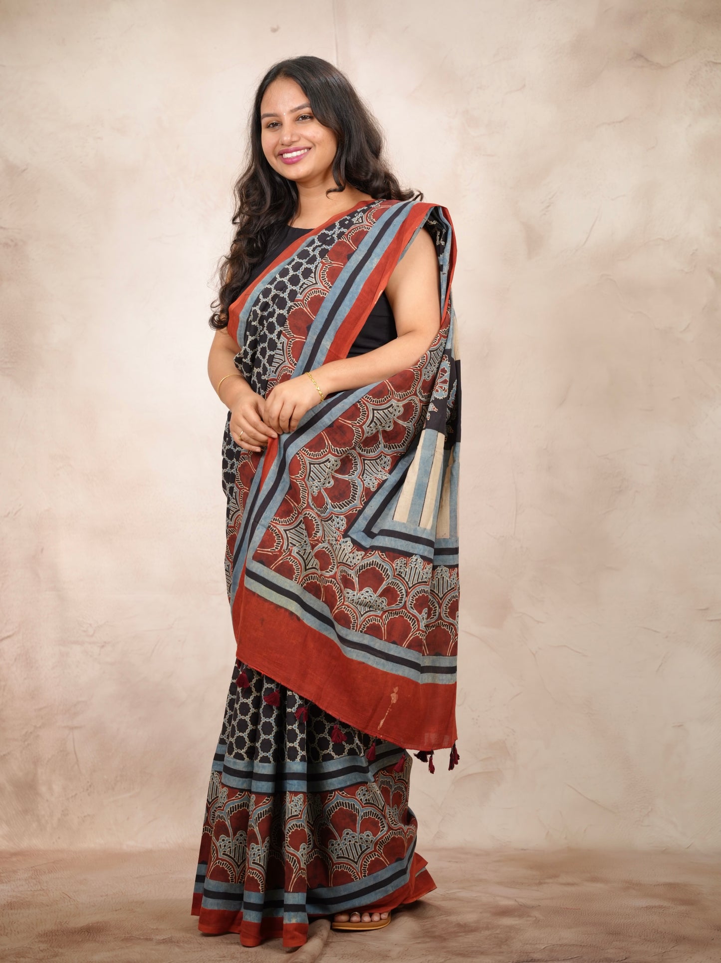 Black & Red Ajrakh Hand Block Printed Cotton Saree | Looms & Tassels