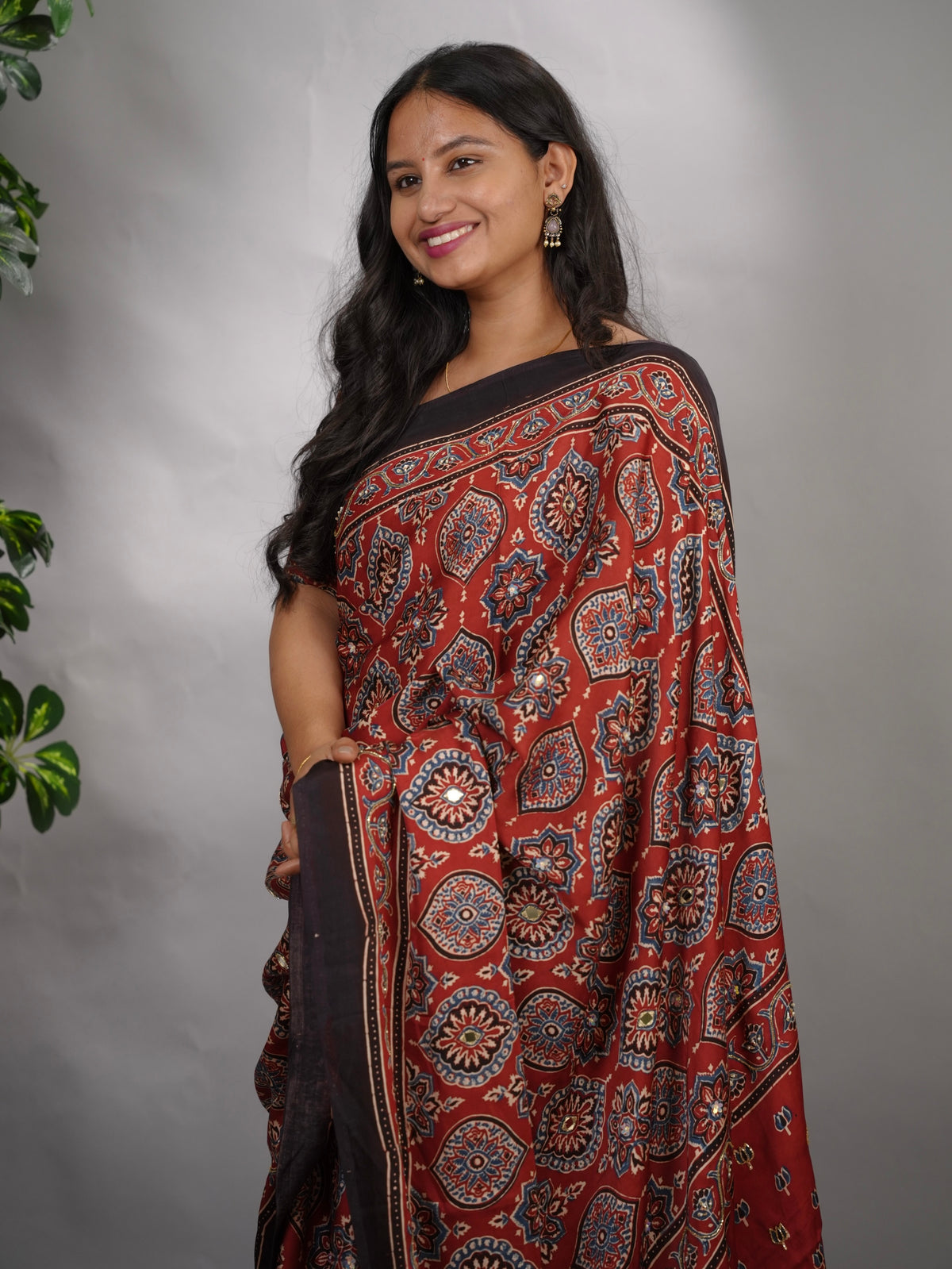 Maroon Ajrakh Modal Silk Hand Embroidery Saree  | Looms & Tassels