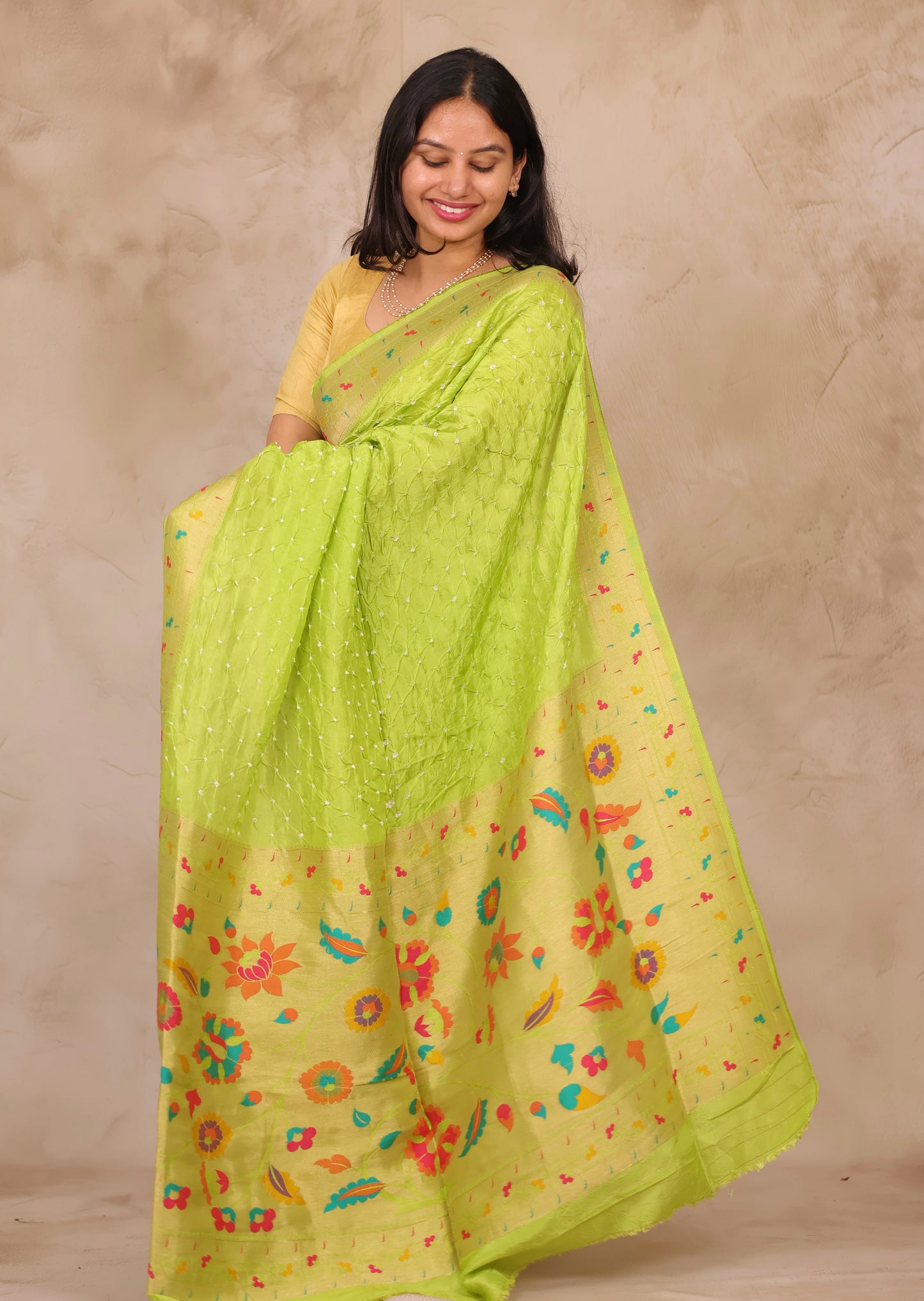 Pista Green Handcrafted Bandhani Paithani Dola Silk Saree | Looms & Tassels