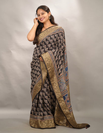 Black Ajrakh Handblock printed Dola Silk Saree | Looms & Tassels
