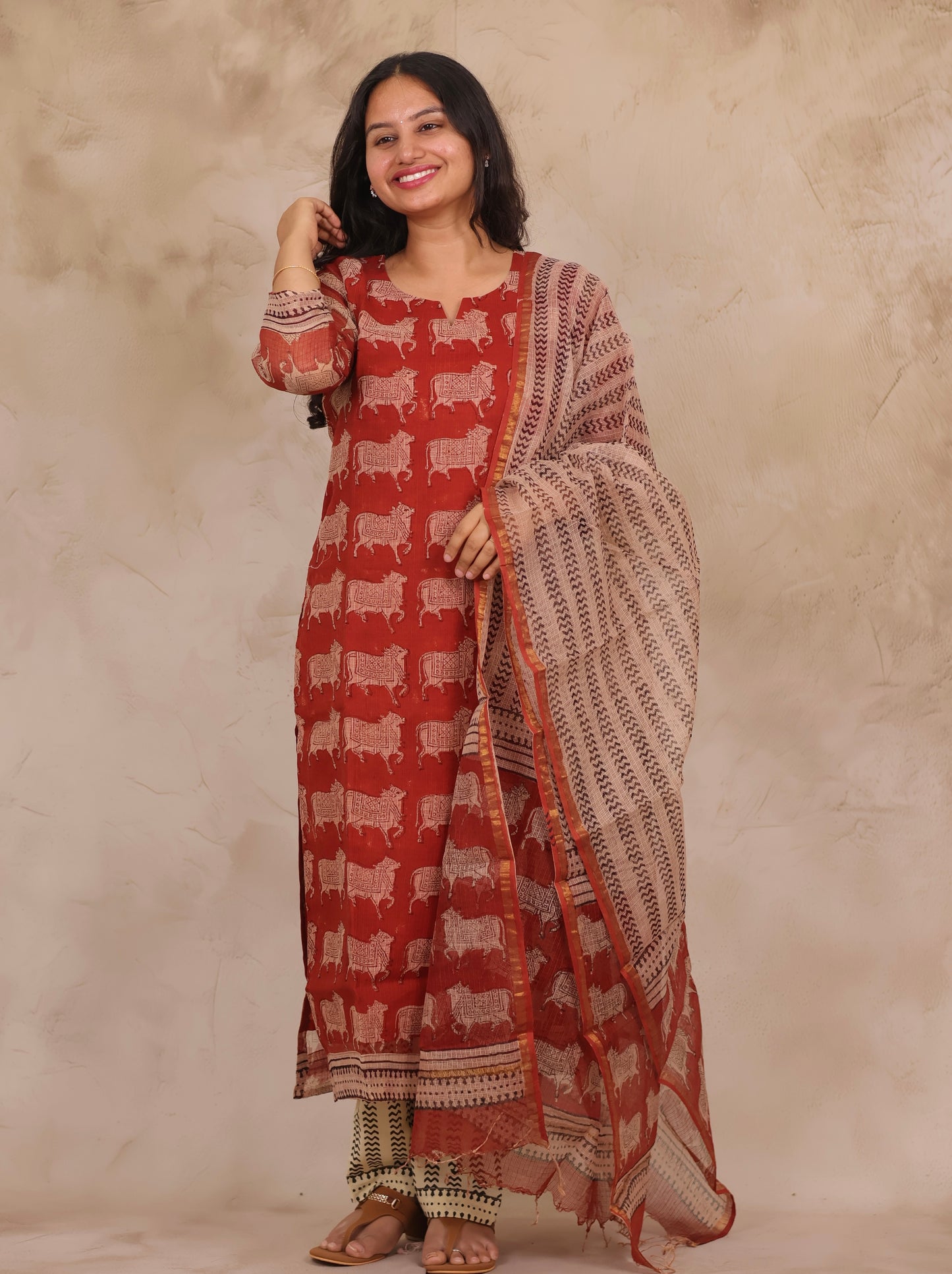 Maroon Pichwai Handblock printed kota 3 piece suit (stitched)