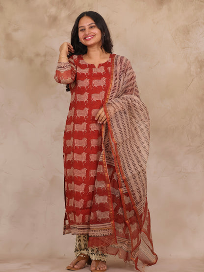 Maroon Pichwai Handblock printed kota 3 piece suit (stitched)