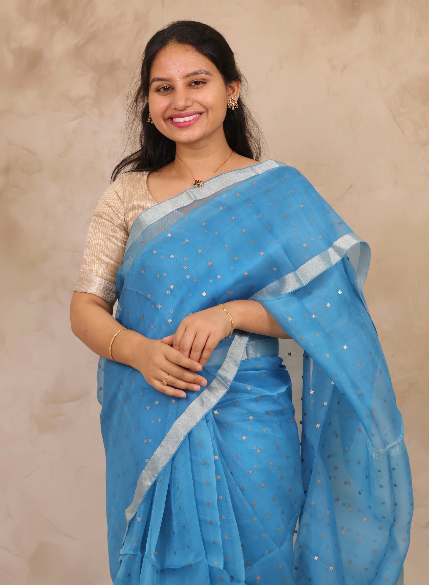 Sky Blue Handwoven Muslin Silk Saree With Sequence Work | Looms & Tassels