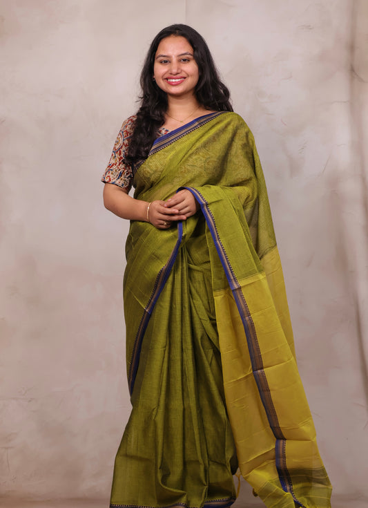 Parrot Green Narayanpet Cotton Saree | Looms & Tassels
