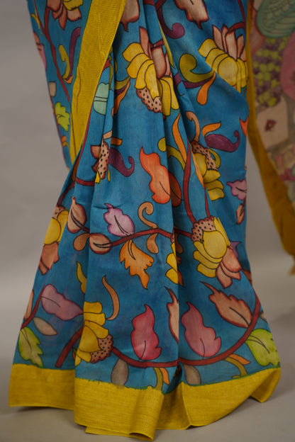 Hand Drawn Pen Kalamkari Rama Blue And Yellow Bangalore Silk Gicha Border Saree | Looms & Tassels