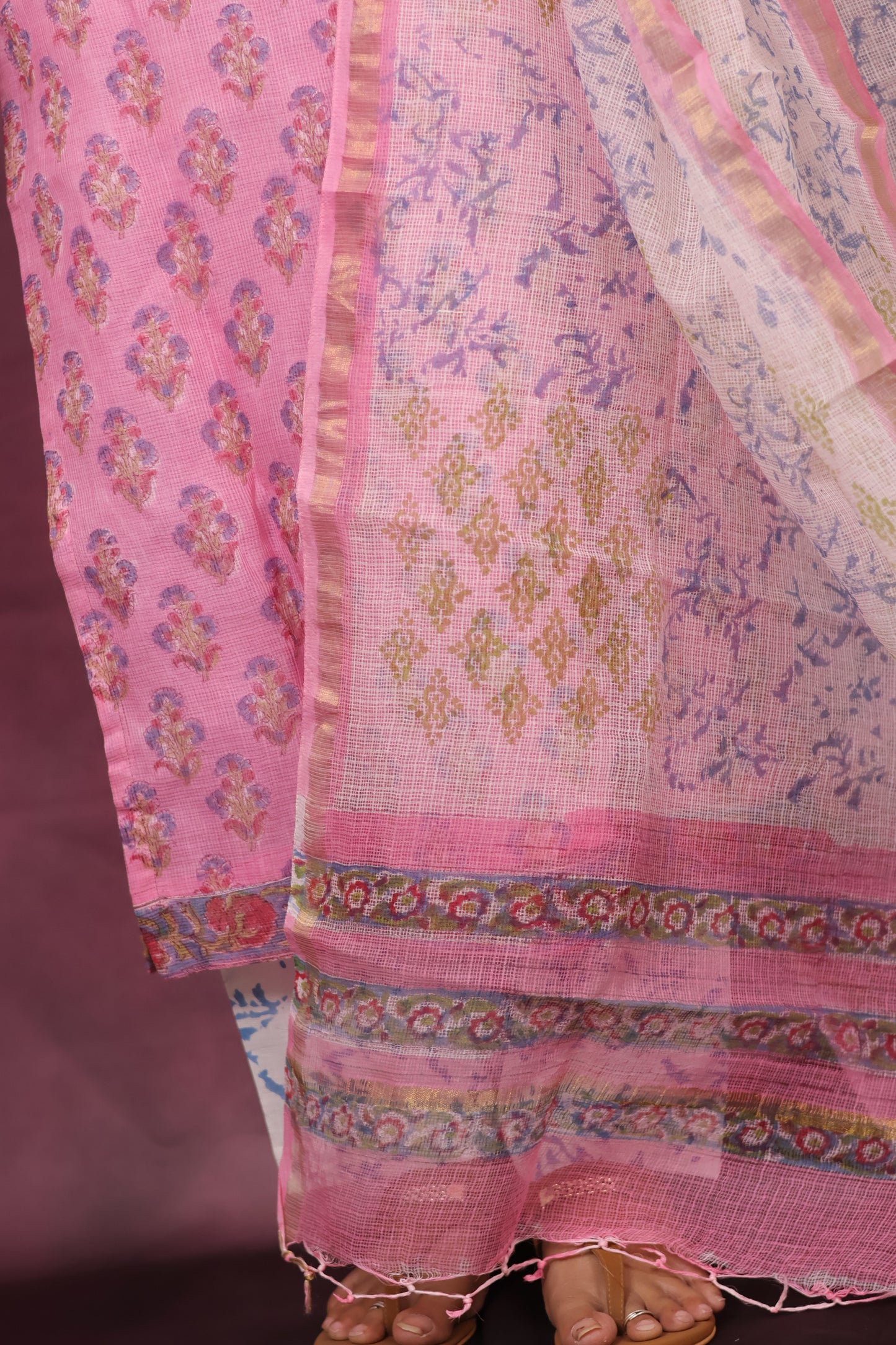 Pink Handblock printed kota 3 piece suit (stitched)