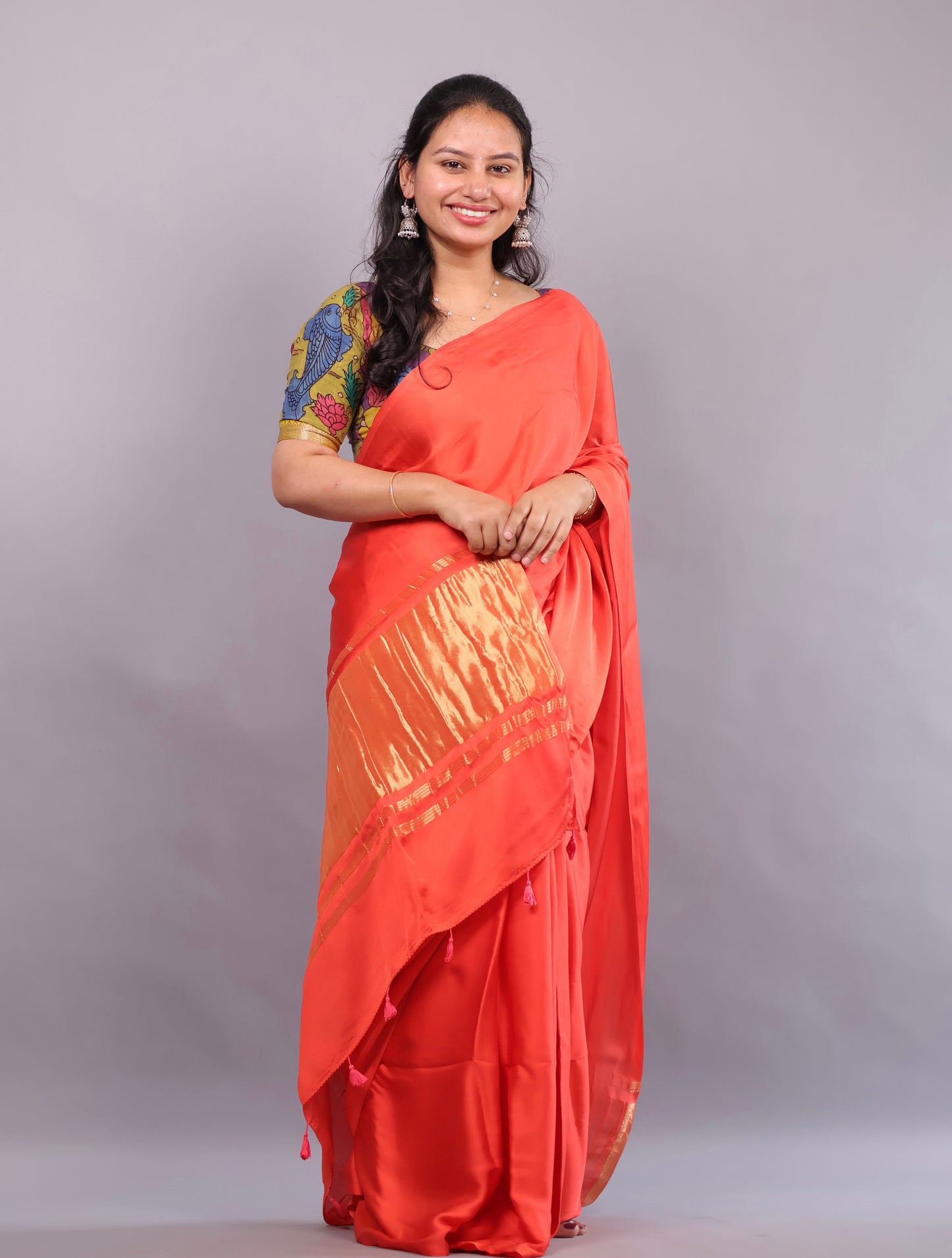 Orange Plain Modal Silk Saree with Lagdi Pallu | Looms & Tassels