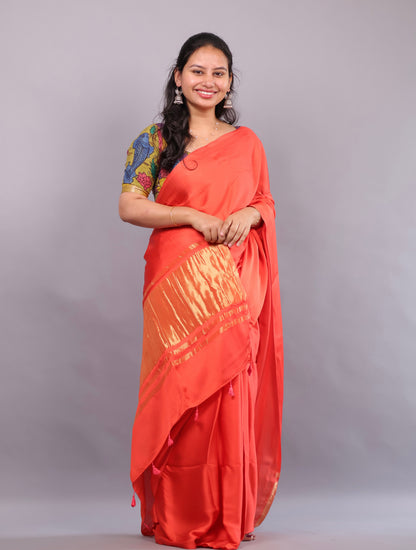 Orange Plain Modal Silk Saree with Lagdi Pallu | Looms & Tassels