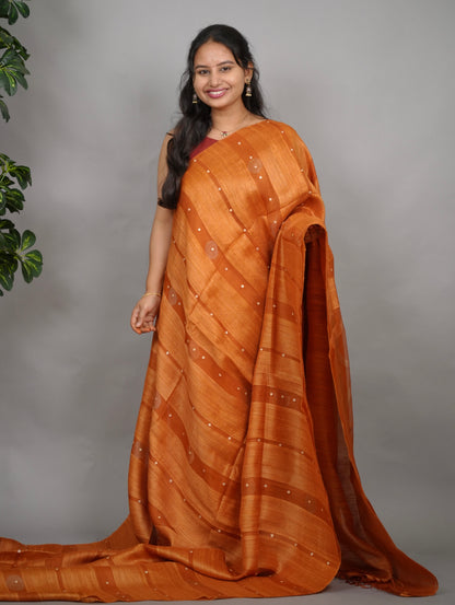 Rust Orange Handloom Jamdhani Pure Matka Silk Saree with Muslin Silk Pallu