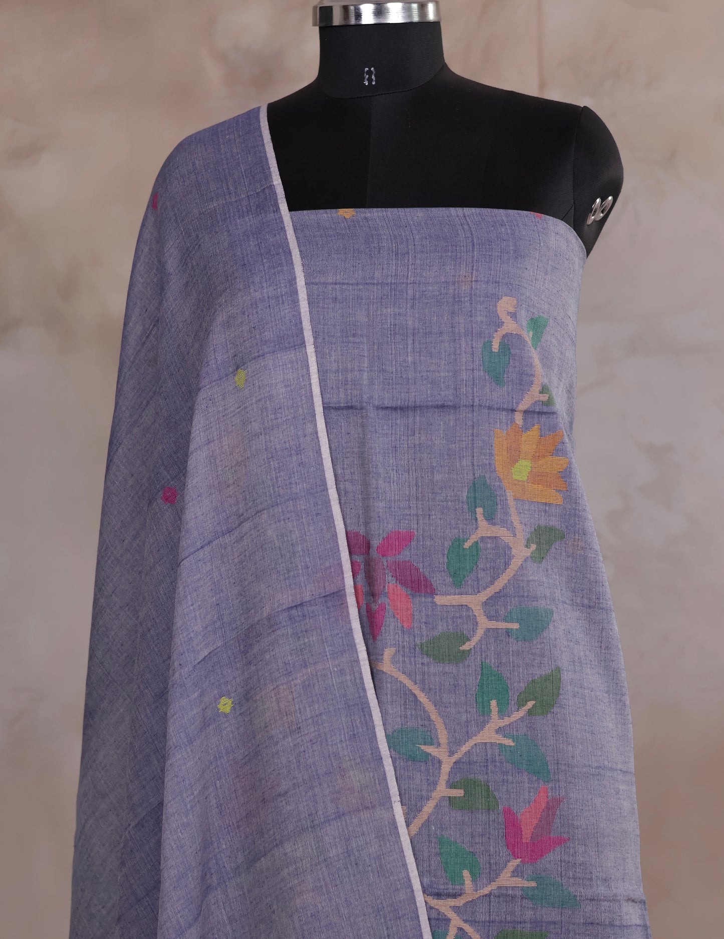 Grey Handwoven Jamdhani weaving pure Malai cotton 2 piece suit sets | Looms & Tassels