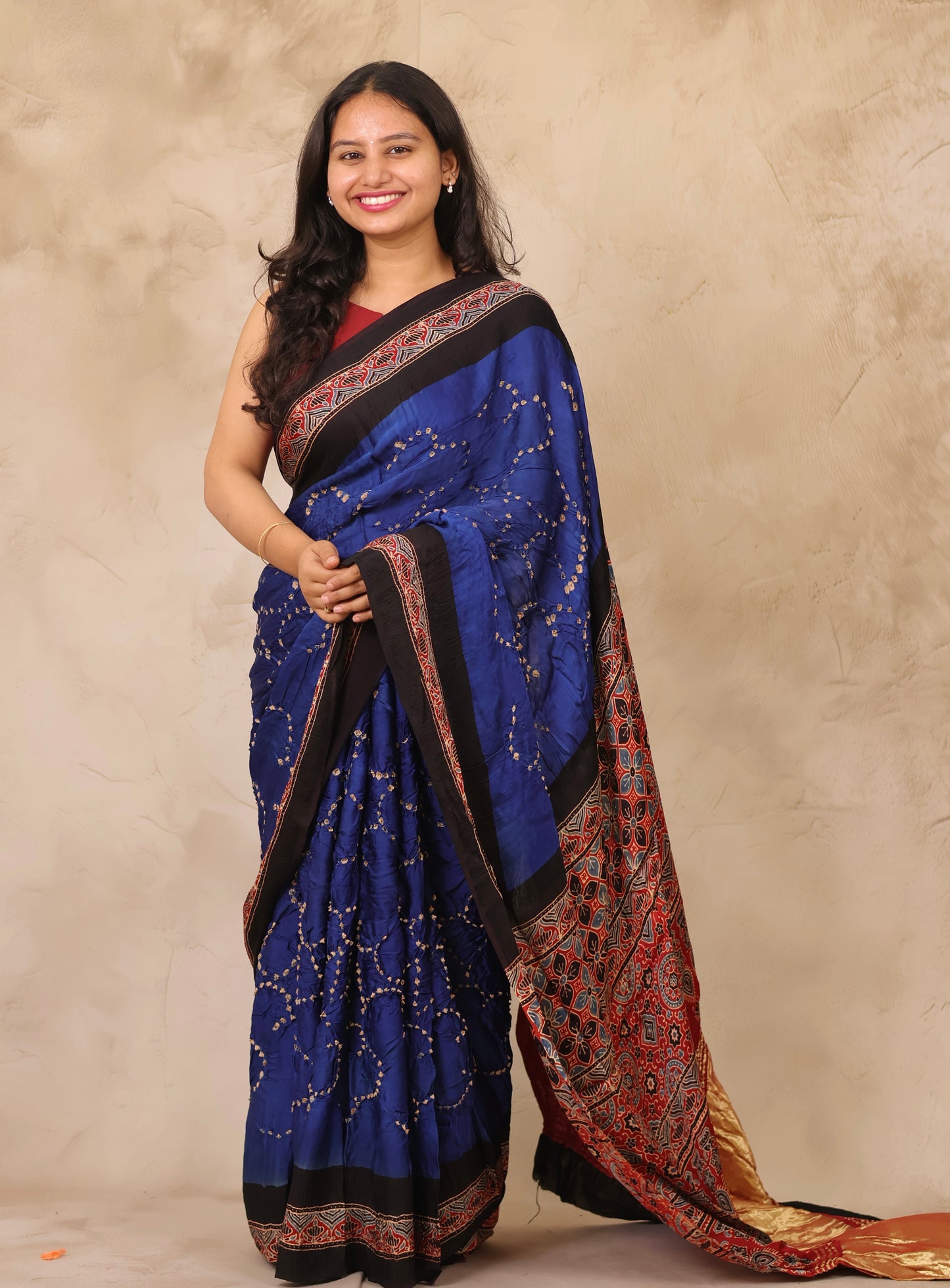 Blue Hand Knotted Bandhej Arakh Modal Silk Saree with Lagdi Pallu | Looms & Tassels