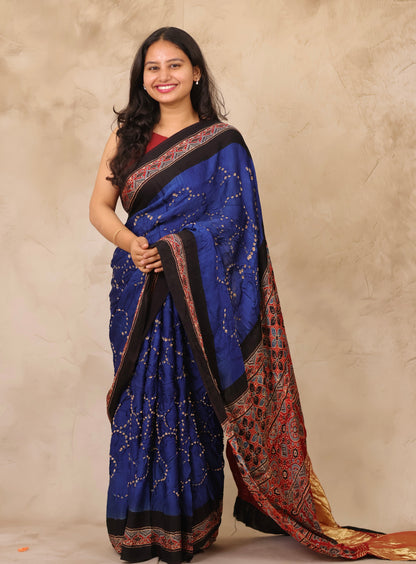 Blue Hand Knotted Bandhej Arakh Modal Silk Saree with Lagdi Pallu | Looms & Tassels