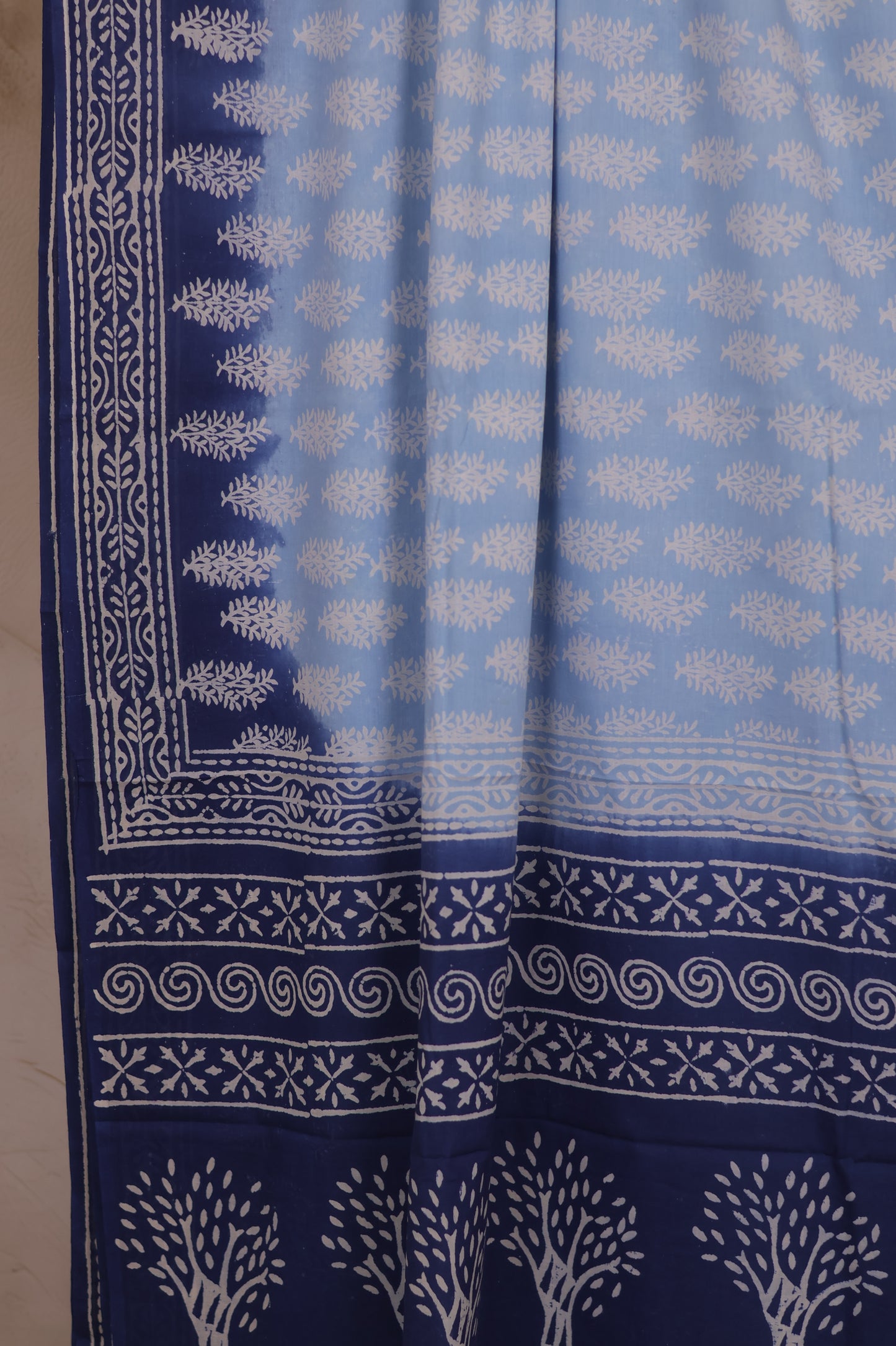 Blue Bagru Handblock printed MulMul cotton saree | Looms & Tassels