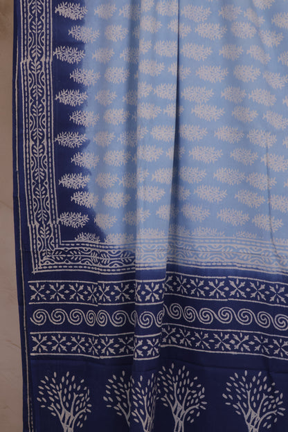 Blue Bagru Handblock printed MulMul cotton saree | Looms & Tassels