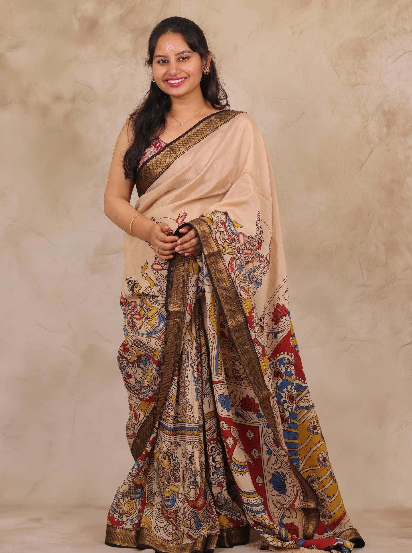 Cream Story Telling Kalamkari Nizam Border Chennur Silk Saree | Looms & Tassels
