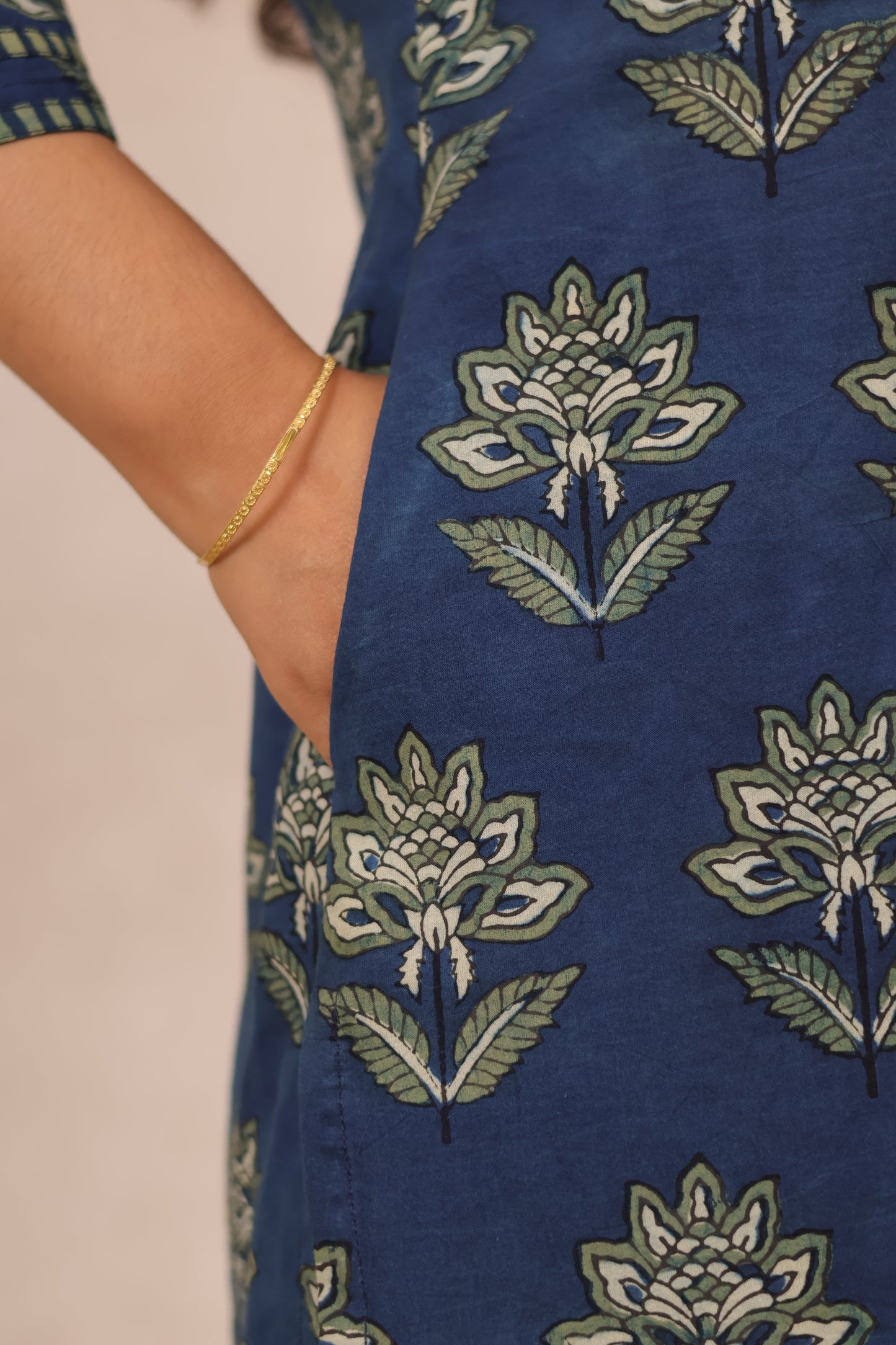 Indigo Pure Mul Cotton Ajrakh Patchwork Aline Kurta | Looms & Tassels