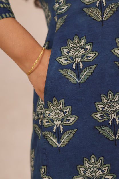 Indigo Pure Mul Cotton Ajrakh Patchwork Aline Kurta | Looms & Tassels