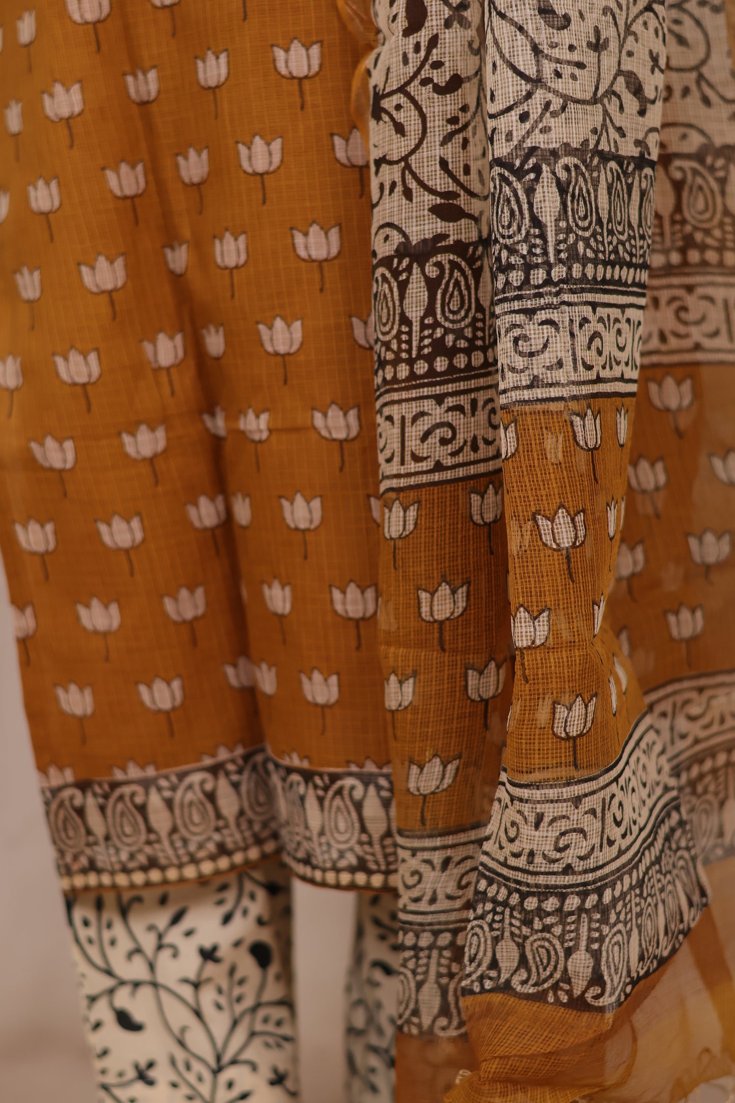 Mustard Handblock printed kota 3 piece suit (stitched)