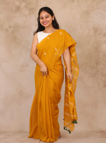 Mustard Malai Cotton Saree with Butta Weaving | Looms & Tassels