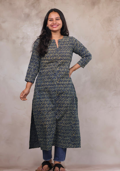 Indigo Ajrakh Hand Block Printed Kurti | Looms & Tassels