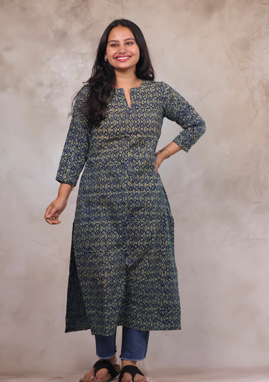 Indigo Ajrakh Hand Block Printed Kurti | Looms & Tassels
