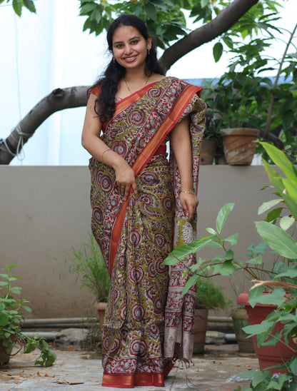 Hand Block Printed Kalamkari Nizam Border Silk Saree
