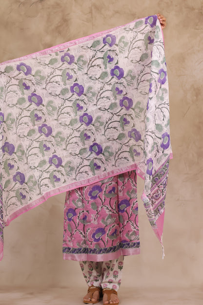 Pastel Pink Linen Cotton Handblock printed 3 piece suit (stitched)