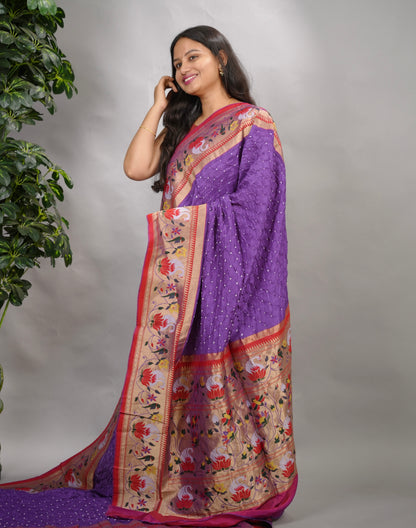 Lavender Handcrafted Bandhani Paithani Dola Silk Saree | Looms & Tassels