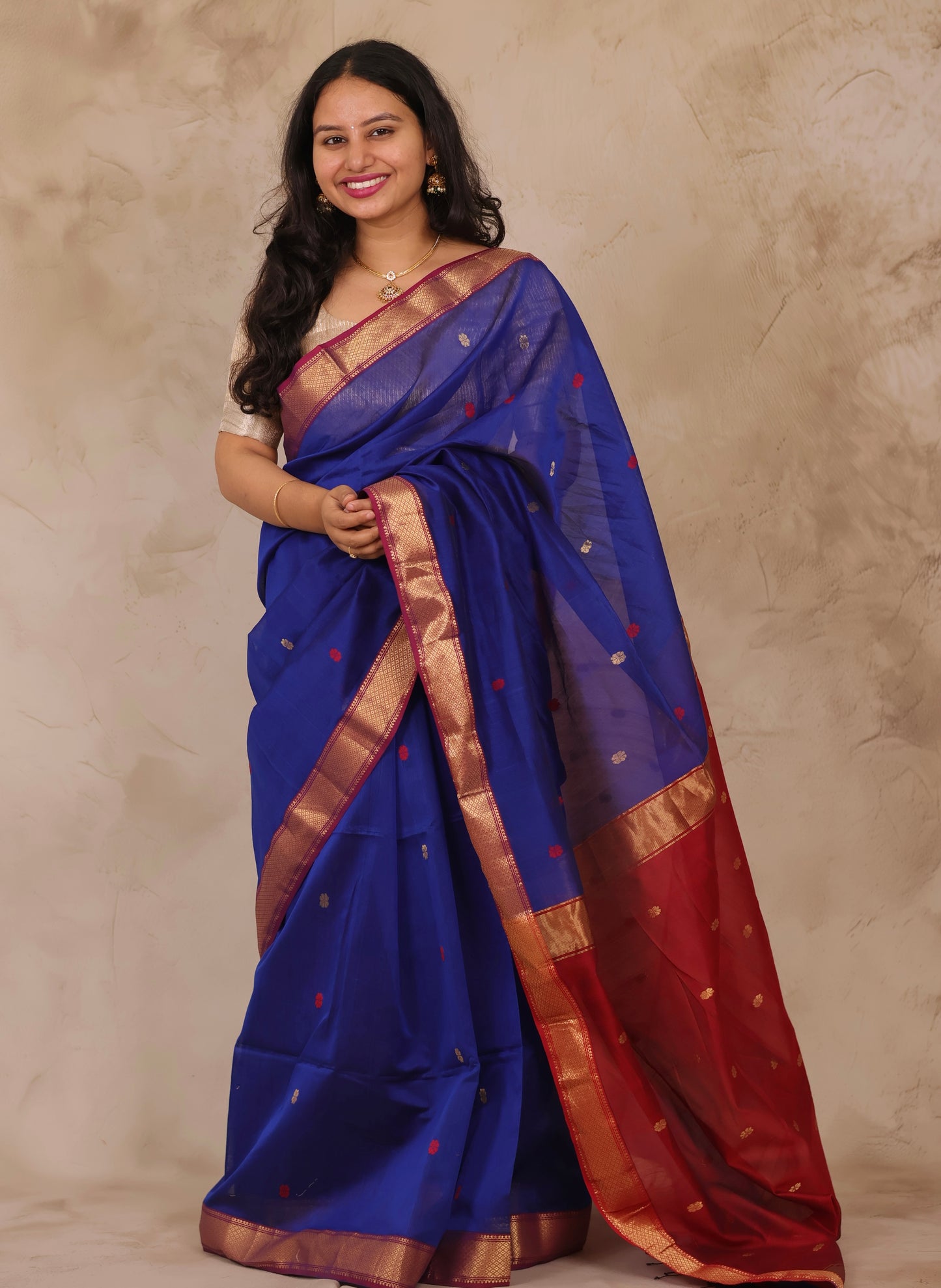 Blue & Red Handloom Maheswari Silk Cotton Sarees | Looms & Tassels