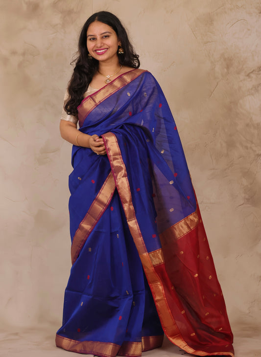 Blue & Red Handloom Maheswari Silk Cotton Sarees | Looms & Tassels