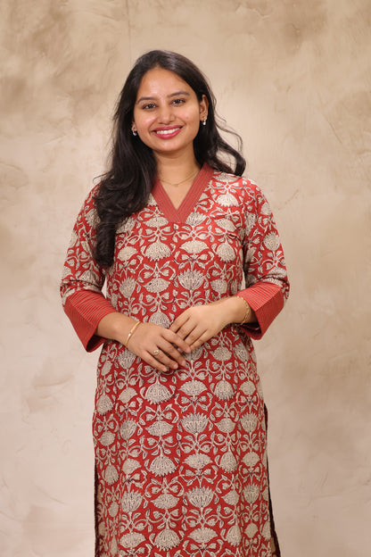 Rust Pure Bagru Mul Cotton Straight Cut Kurta | Looms & Tassels