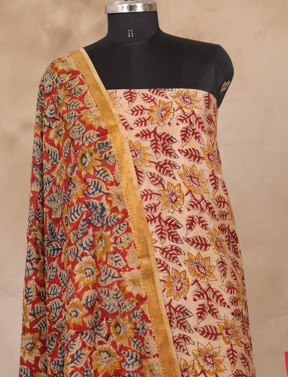 Hand Block Printed Kalamkari Unstitched 3pc Suit Set