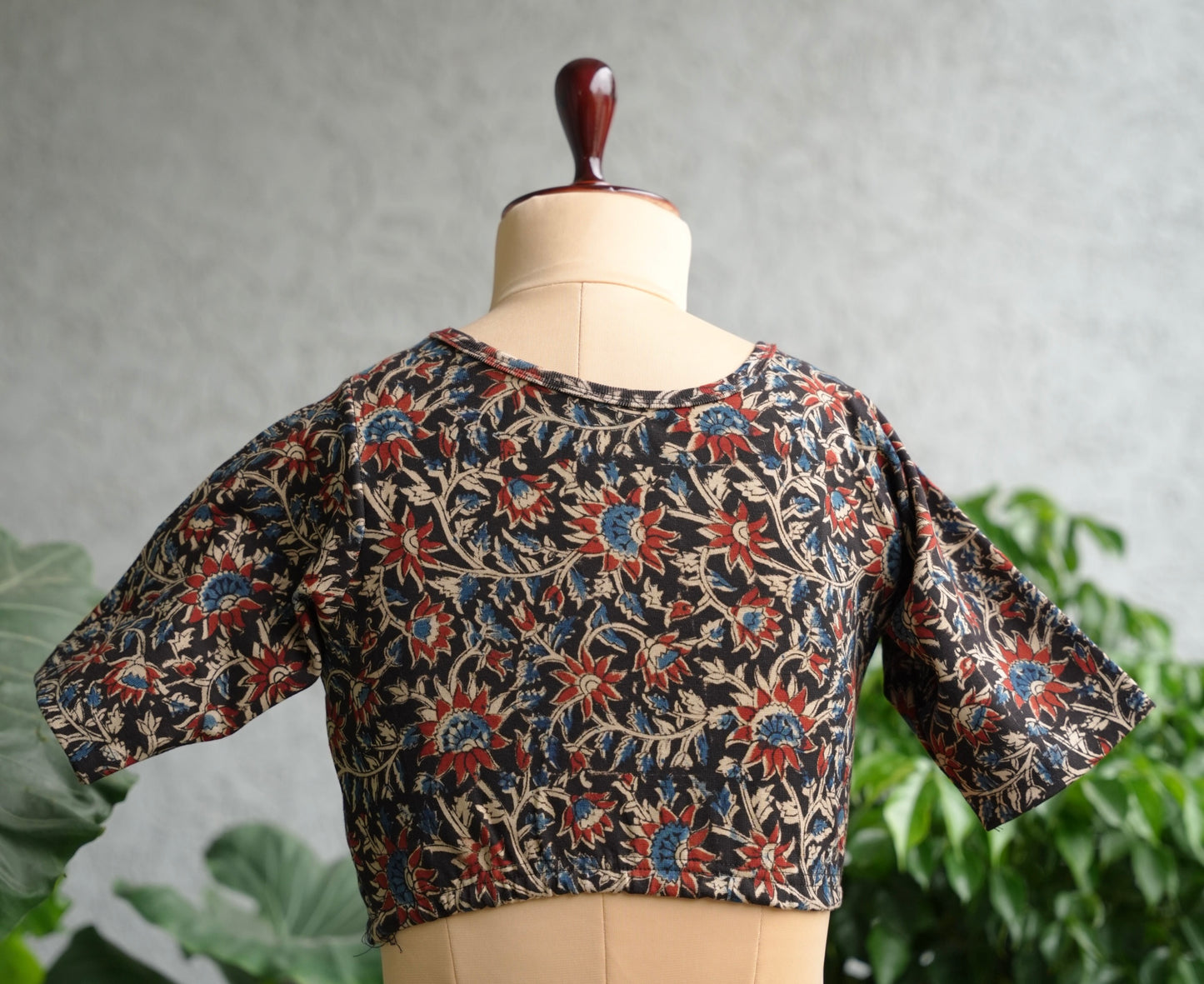 Black Boat Neck Stretchable Hand block printed kalamkari blouse