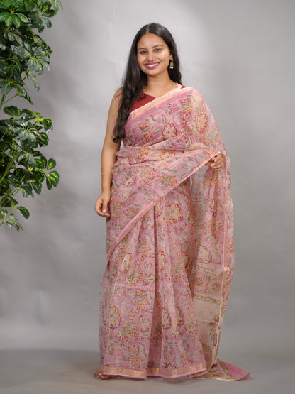 Baby Pink Pure Kota Doria Saree with Bagru Handblock Prints