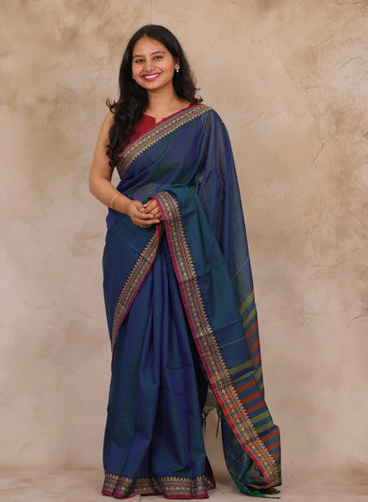 Peacock Blue Narayanpet Cotton Saree | Looms & Tassels
