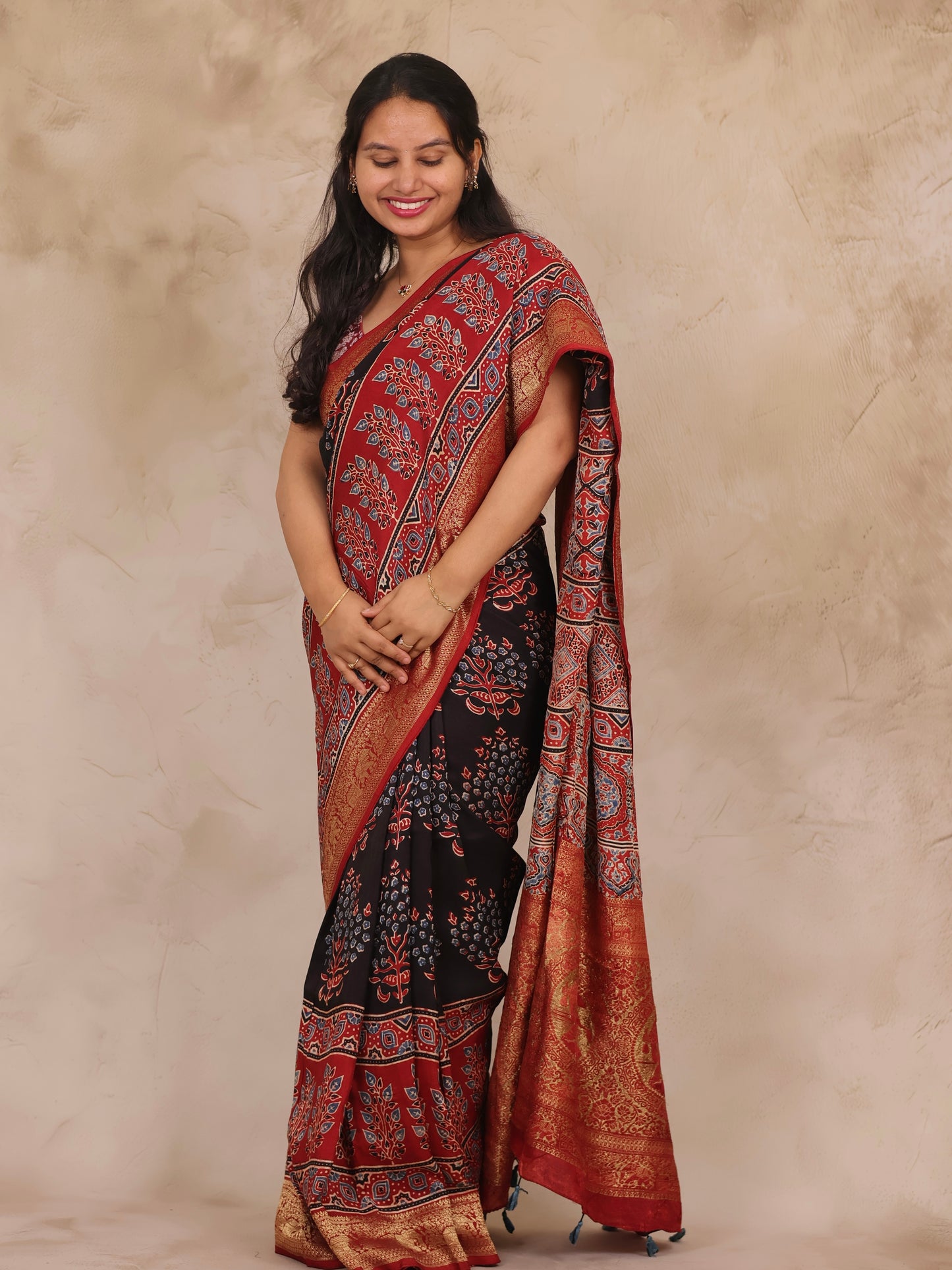 Black & Red Ajrakh Handblock printed Dola Silk Saree | Looms & Tassels