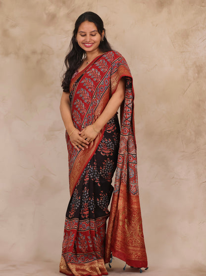 Black & Red Ajrakh Handblock printed Dola Silk Saree | Looms & Tassels