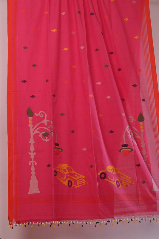 Pink Pure Handwoven Jamdhani Malai Cotton Saree