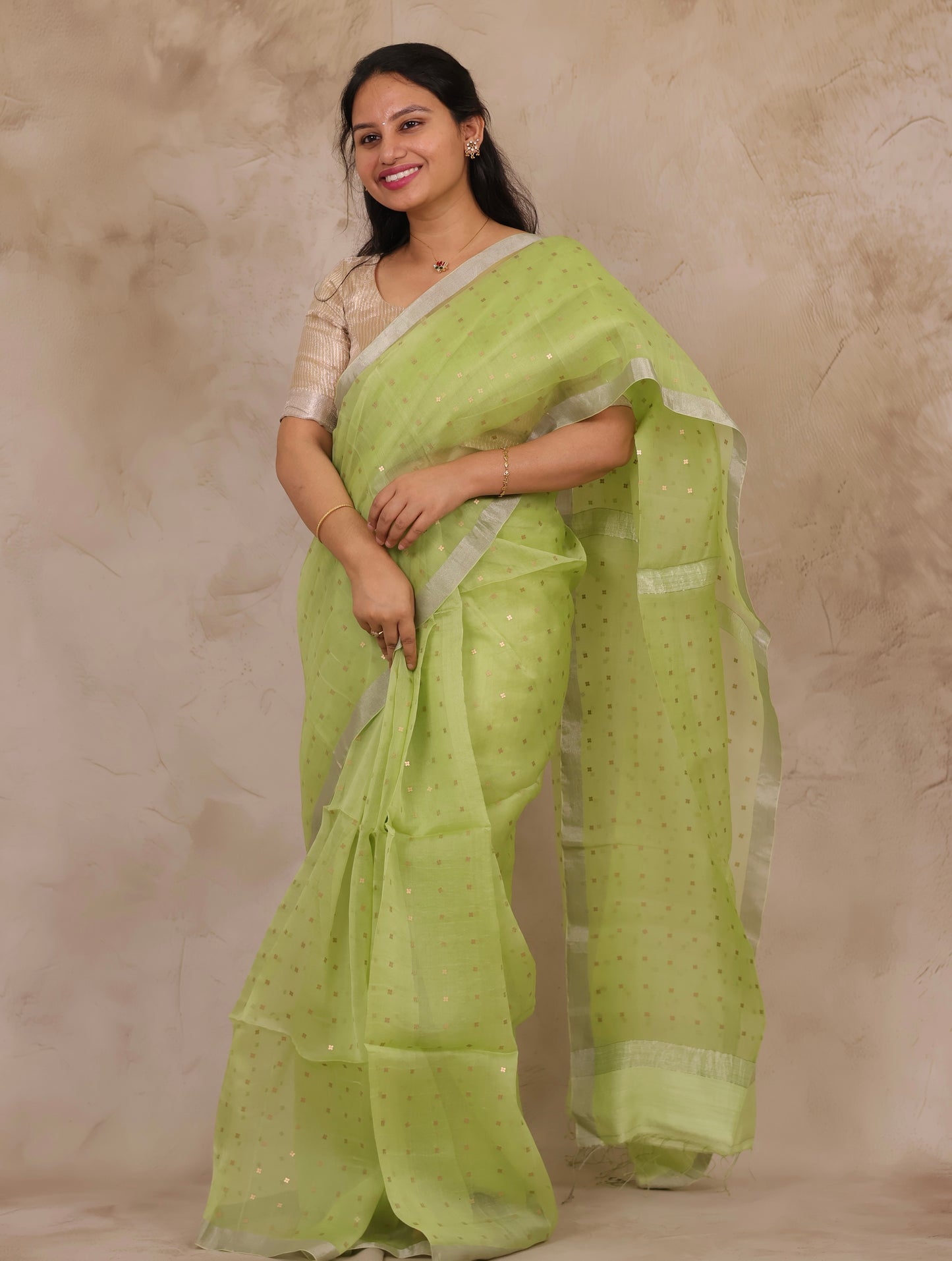Pastel Lime Green Handwoven Muslin Silk Saree With Sequence Work | Looms & Tassels