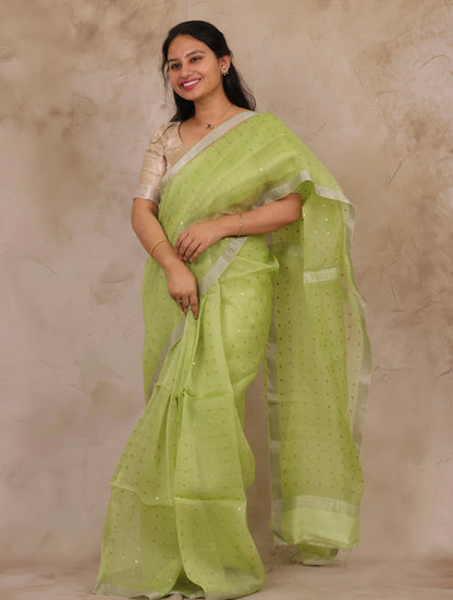 Pastel Lime Green Handwoven Muslin Silk Saree With Sequence Work | Looms & Tassels