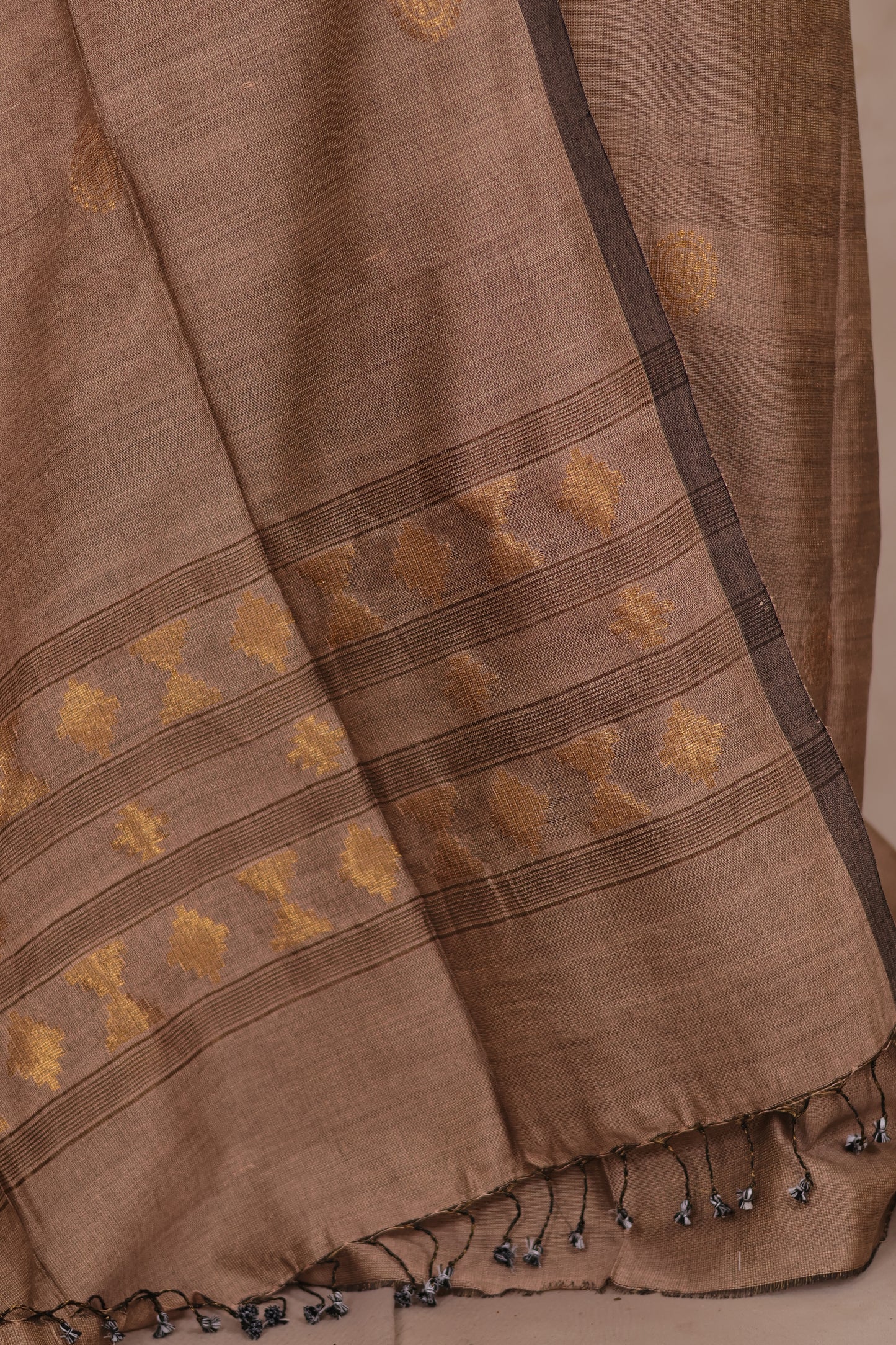 Beige Handwoven Jamdhani weaving Tissue Linen 2 piece suit sets | Looms & Tassels