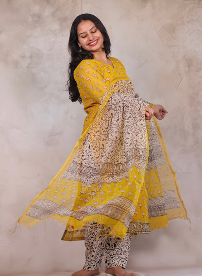 Yellow Handblock printed kota 3 piece suit (stitched)